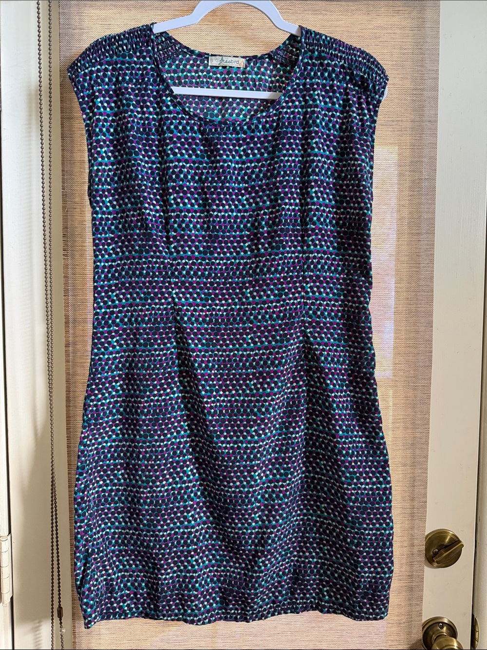 freebird Navy Dress with Teal & Purple Dot Pattern